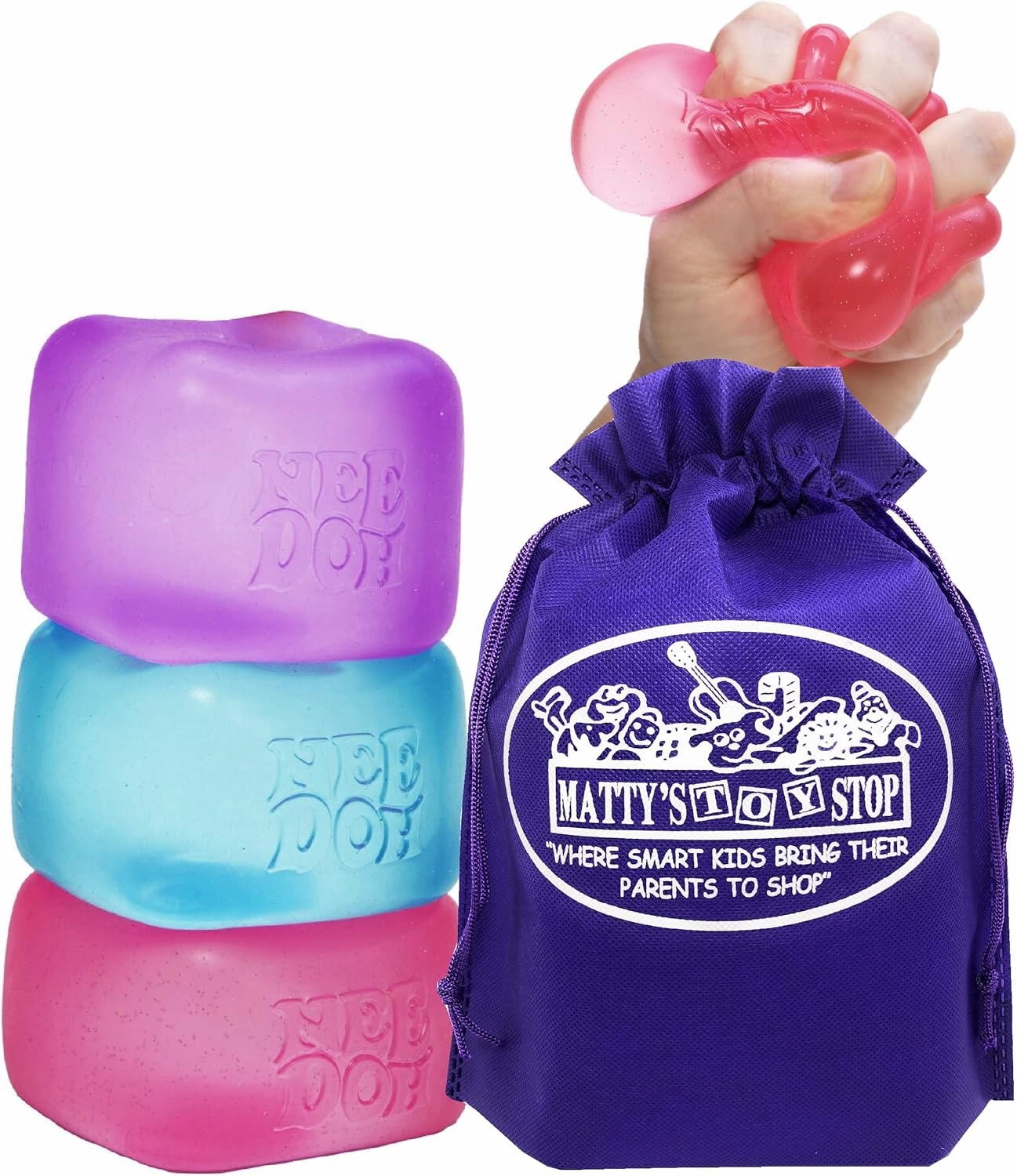 Schylling Nice Cube Translucent NeeDoh...Groovy Glob! Squishy, Squeezy, Popping, Stretchy Stress Fidget Cubes Complete Gift Set Party Bundle with Storage Bag - 3 Pack (Purple, Pink & Blue)