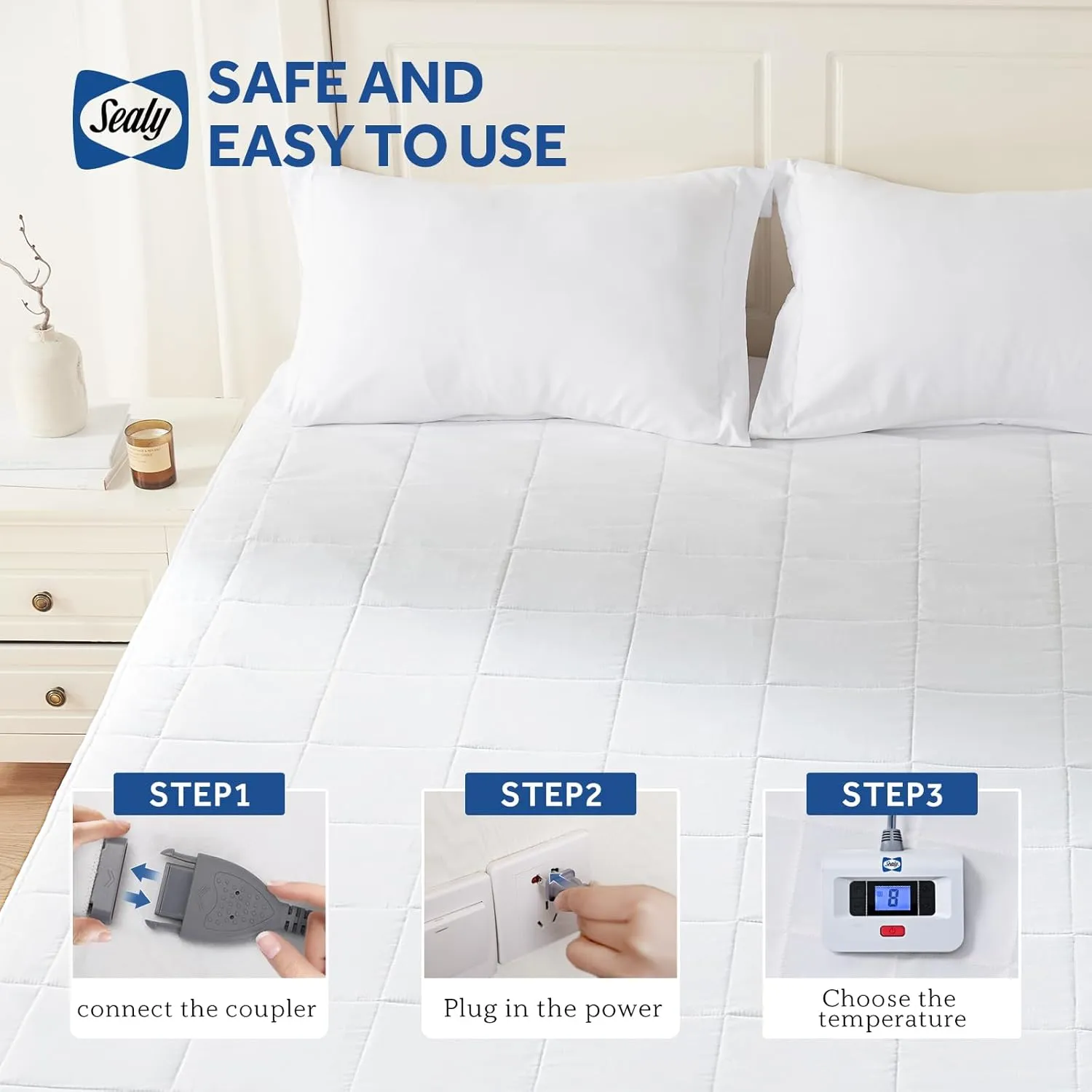 Sealy Electric Mattress Pad Cal King Size, 10 Heating Settings Heated Mattress Pad, Bed Warmer with Dual Controller & Auto Off 1-12 Hours, Fit Up to 17 Inch, Machine Washable, 72"x84"