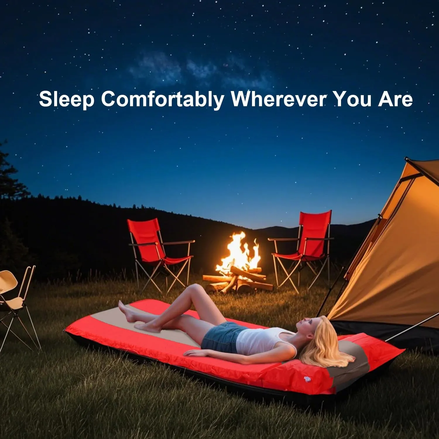 Self-Inflating Sleeping Pad with Pillow, Lightweight Camping Mattress Pad, Sleeping Mat Compact for Tent, Camping, Backpacking, Hiking and Traveling (Red, 2 Packs)