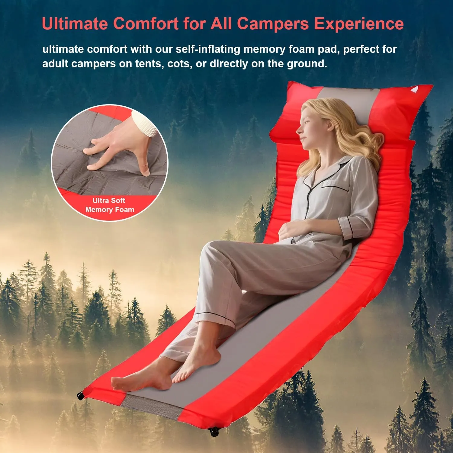 Self-Inflating Sleeping Pad with Pillow, Lightweight Camping Mattress Pad, Sleeping Mat Compact for Tent, Camping, Backpacking, Hiking and Traveling (Red, 2 Packs)