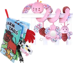 Sensory Baby Books 0-6 to 12 Months, Soft Cloth Crinkle Infant Toys and Spiral Car Seat Stroller Plush Bunny Toy with Rattle, Tummy Time Mirror, Squeaky for Babies