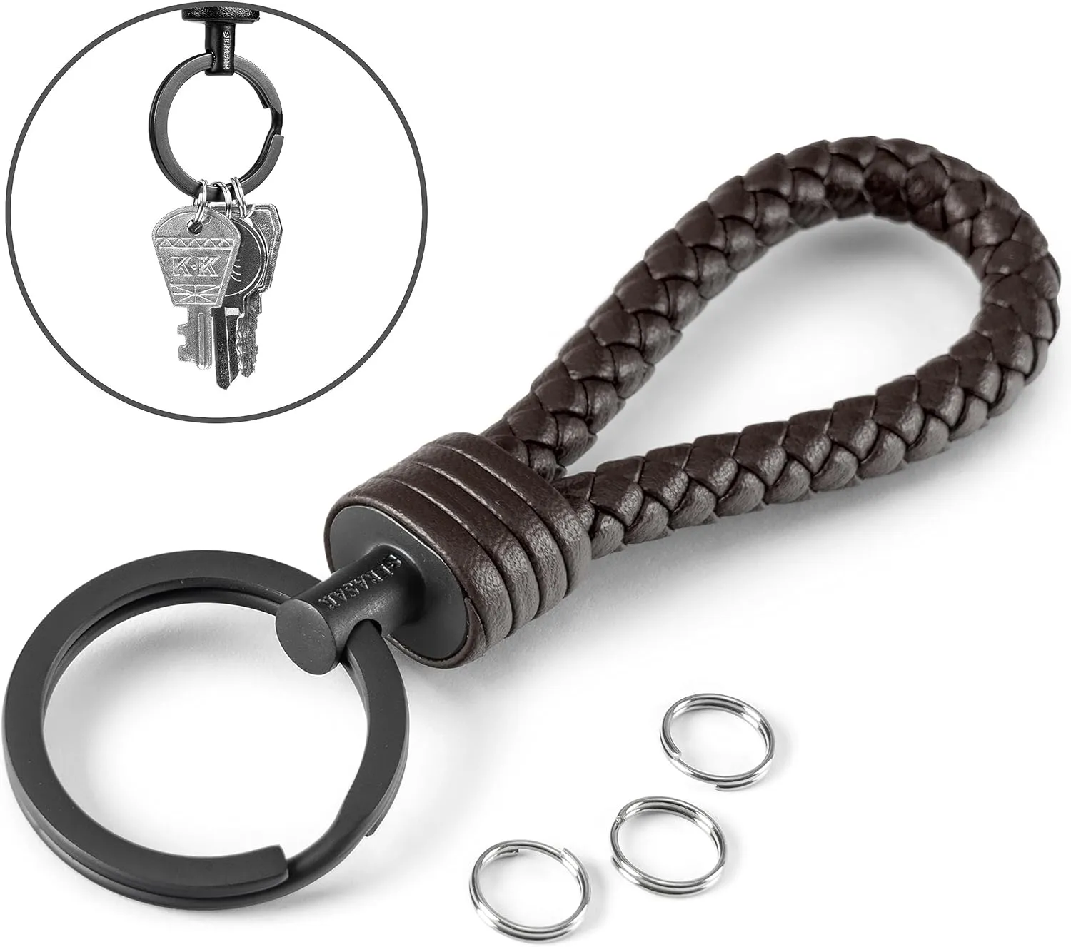 SERASAR | Leather Keychain [Strong] with Stainless Steel Key Ring - Additional Rings for Small Keys - With Gift Box