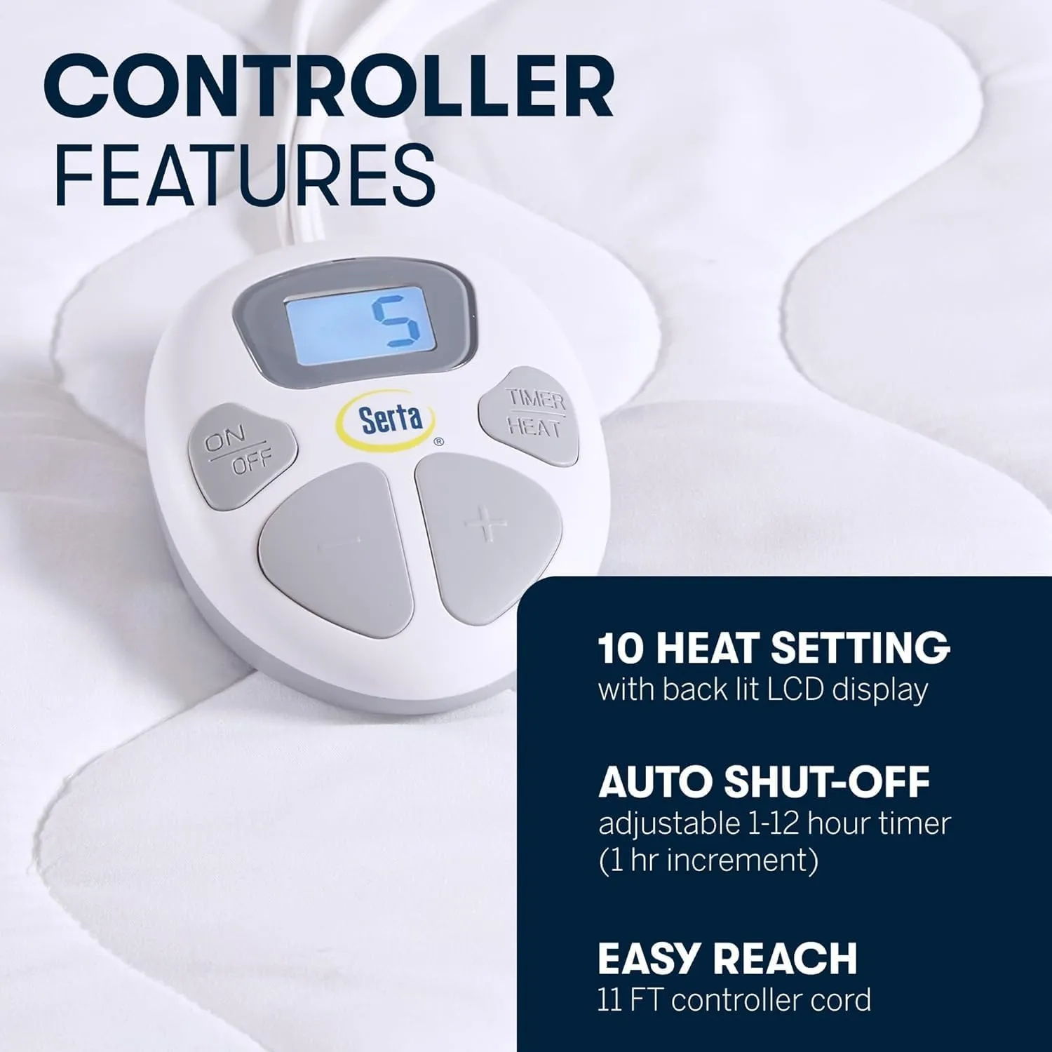 Serta Heated Mattress Pad Full Size - Electric Mattress Pad, 10 Heat Setting Controller, Auto Shut Off Timer, Deep Elastic Pocket, Up to 17" Mattress, ETL Certified, Machine Wash, Full, White