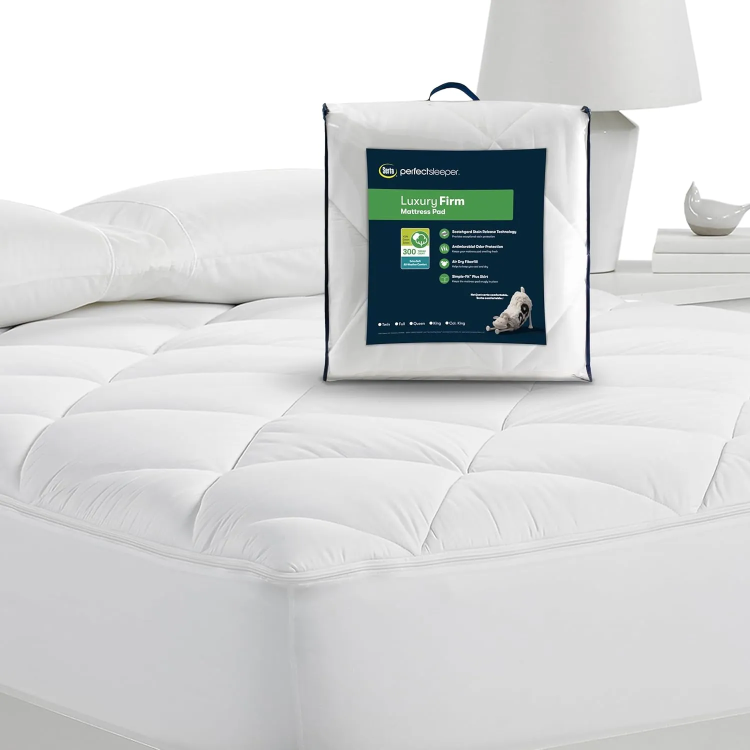Serta Luxury Firm 100% Cotton Quilted Mattress Pad with Cooling Fiber Fill, King, White