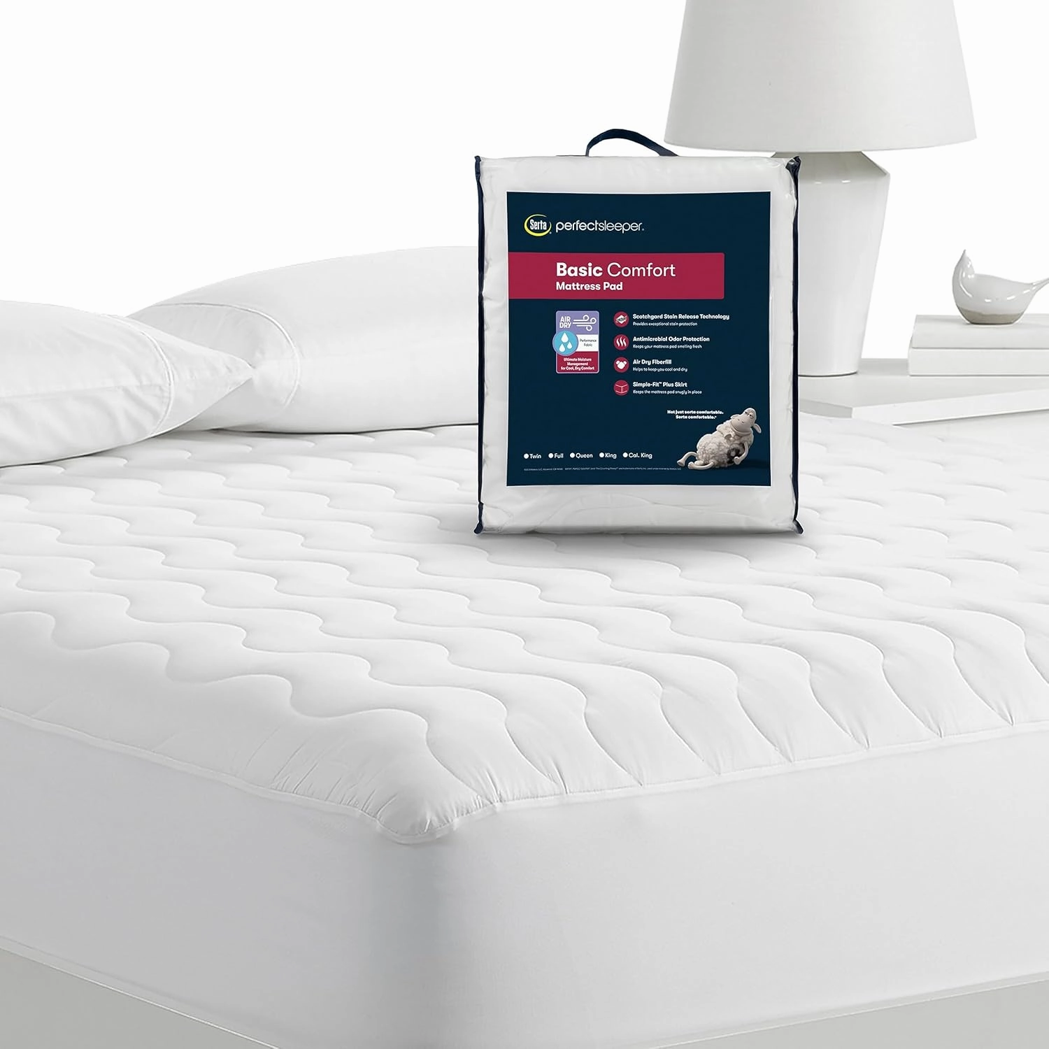 Serta Air Dry Basic Comfort Performance Fabric Quilted Mattress Pad, Cooling and Breathable Mattress Cover, Moisture Wicking Protection with 15" Deep Pocket, Queen, White