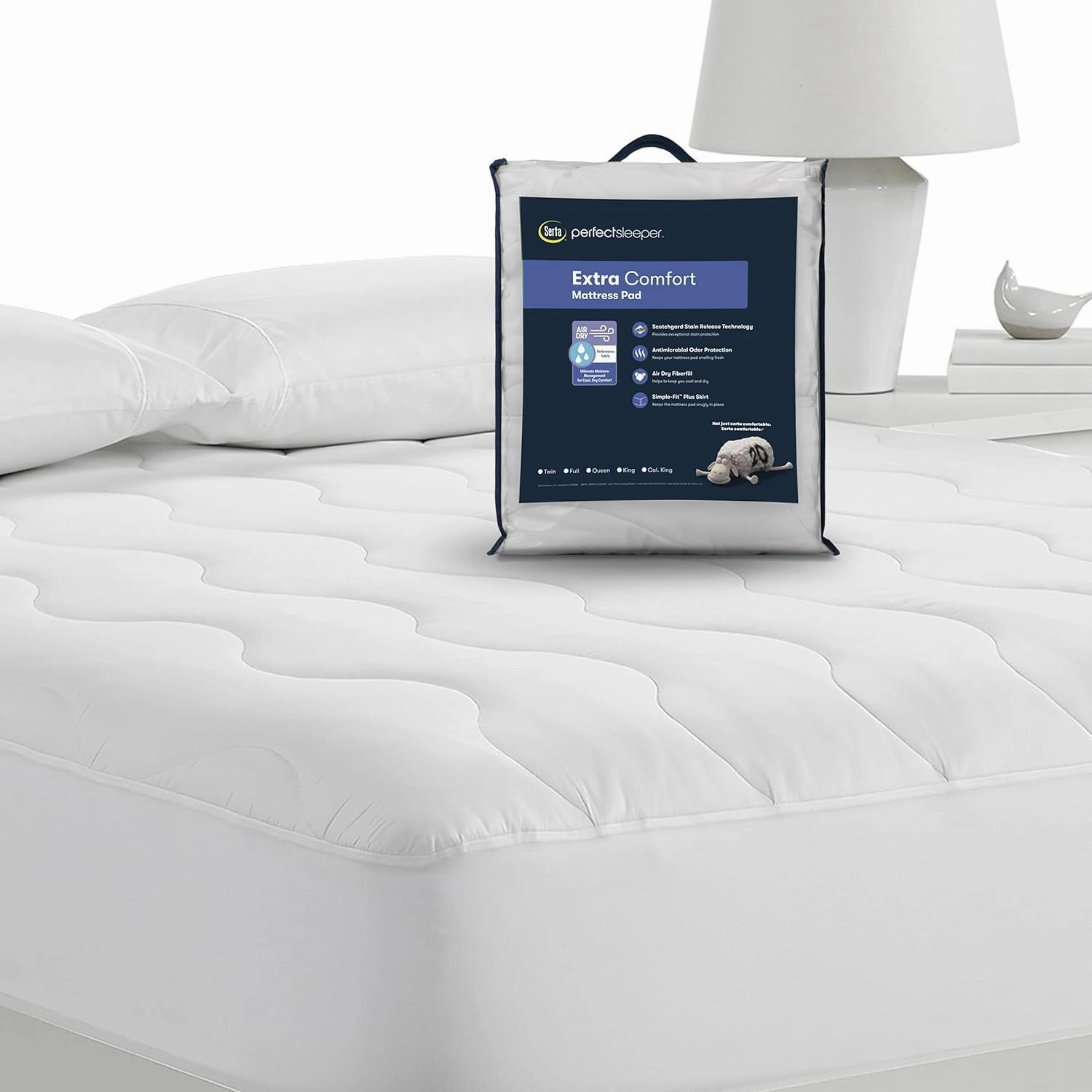 Serta Air Dry Extra Comfort Performance Fabric Quilted Mattress Pad, Cooling and Breathable Mattress Cover, Moisture Wicking Protection with 15" Deep Pocket, King, White