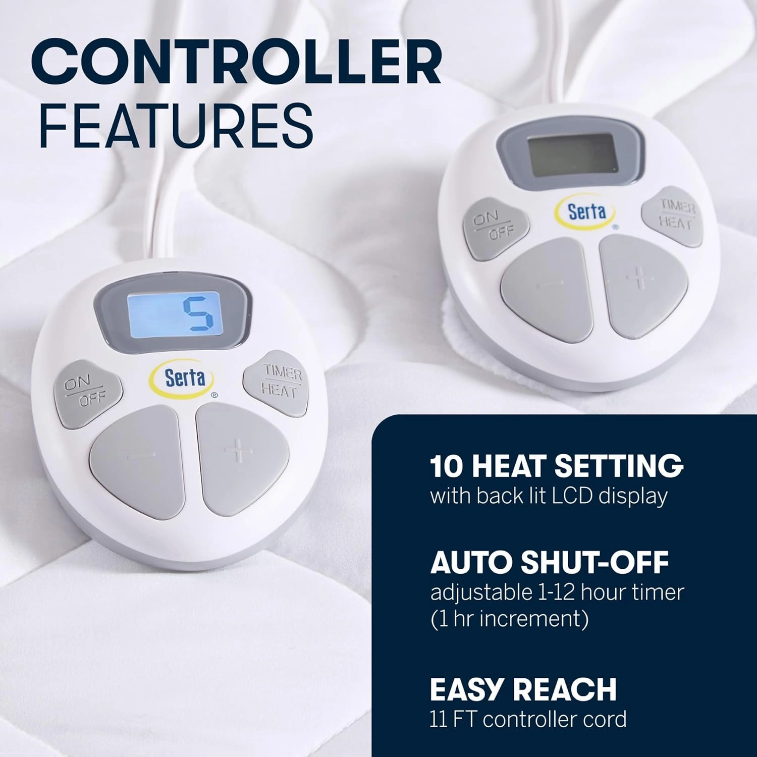 Serta Heated Mattress Pad Queen Size - Electric Mattress Pad, 10 Heat Setting Controller, Auto Shut Off Timer, Deep Elastic Pocket, Up to 17" Mattress, ETL Certified, Machine Wash, Queen, White