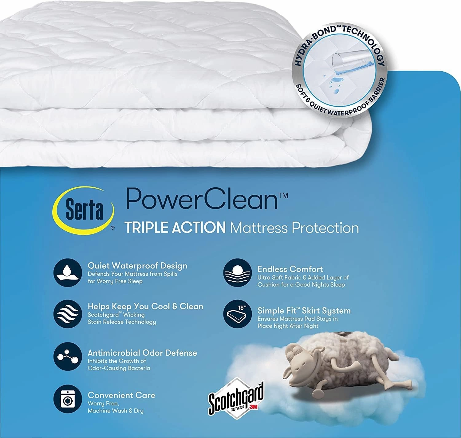 SERTA Power Clean Triple Action Quilted Soft Waterproof Mattress Pad Protector, Moisture Wicking Protection with 15" Deep Pocket, Full, White