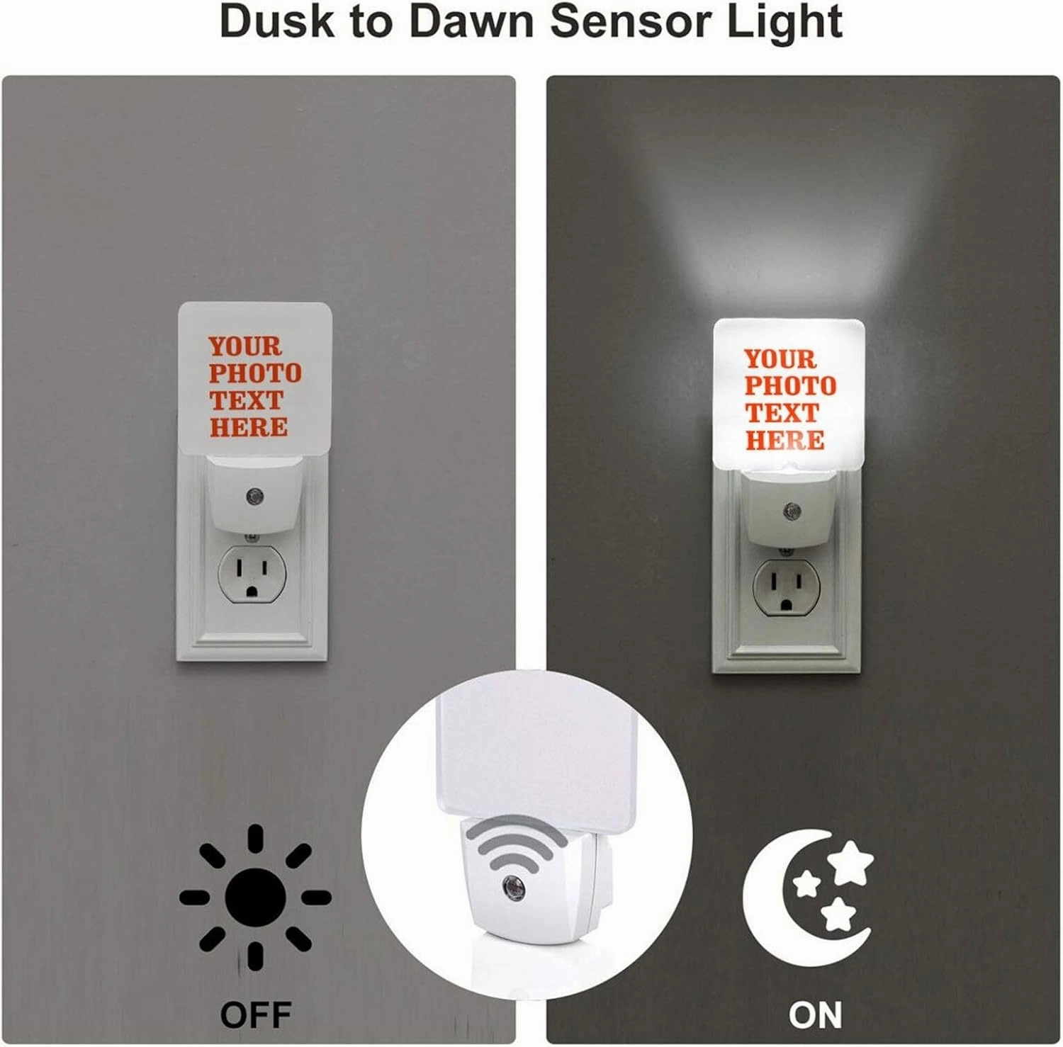 Set of 2 Custom Personalized Led Night Lights, Customize Photo Logo Text Auto Dusk-to-Dawn Sensor Night Lamp Plug-in Home Decorative for Bathroom Hallway Stairs