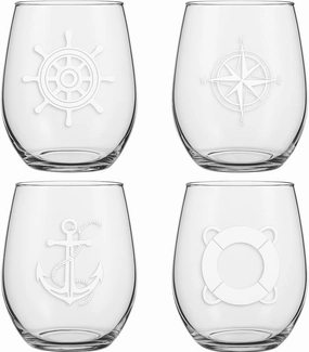 Set of 4 Stemless Boat Wine Glasses – 16oz Unbreakable Nautical Glasses with Anchor, Compass, Helm & Life Ring – BPA-Free Tritan Plastic, Dishwasher Safe – Ideal for Boats, Pool, RV & Outdoor Use