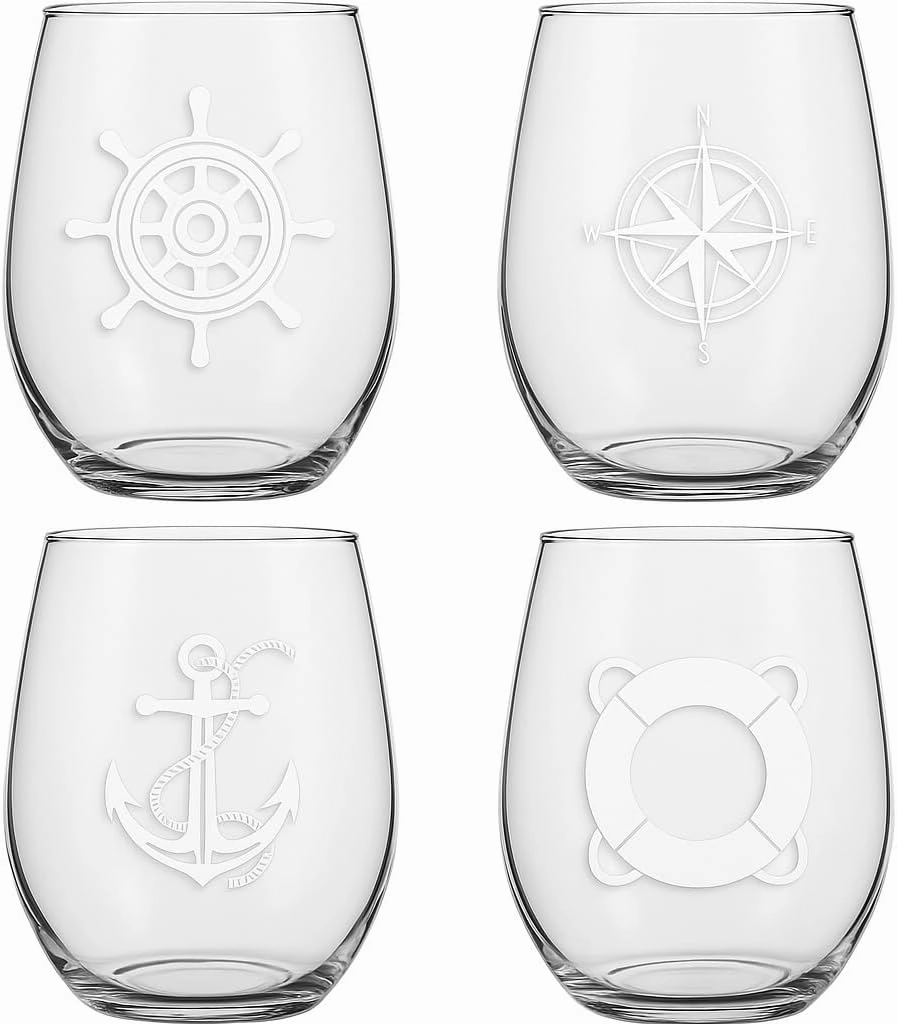 Set of 4 Stemless Boat Wine Glasses – 16oz Unbreakable Nautical Glasses with Anchor, Compass, Helm & Life Ring – BPA-Free Tritan Plastic, Dishwasher Safe – Ideal for Boats, Pool, RV & Outdoor Use