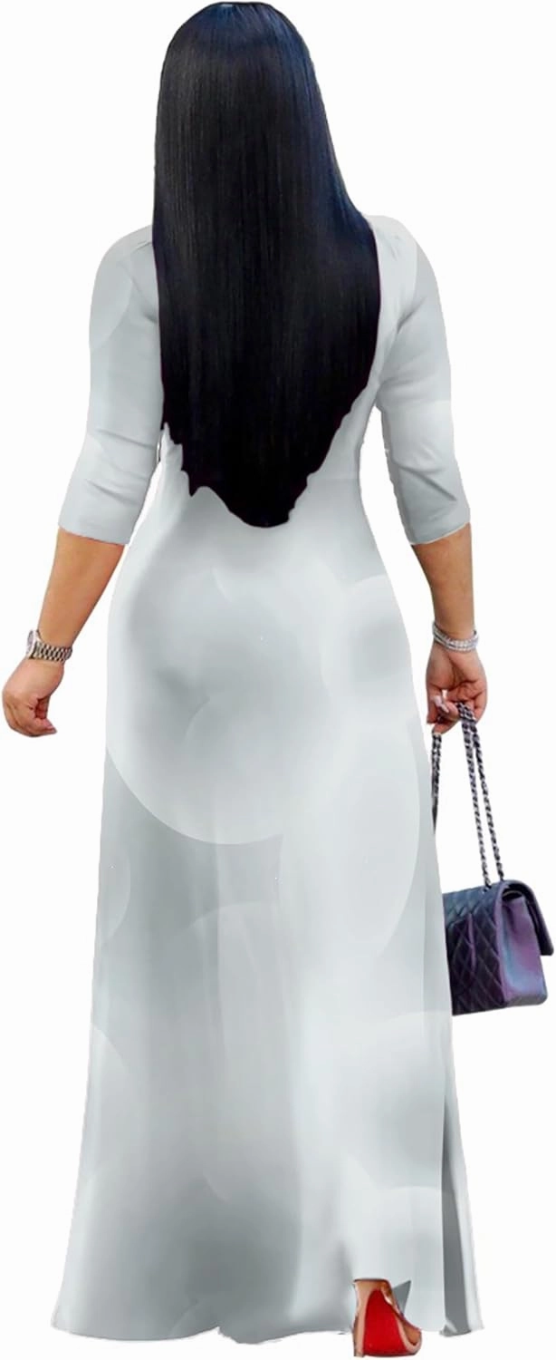Sexy V Neck Print Maxi Dress for Women Casual Loose 3/4 Sleeves Outfits with Belt
