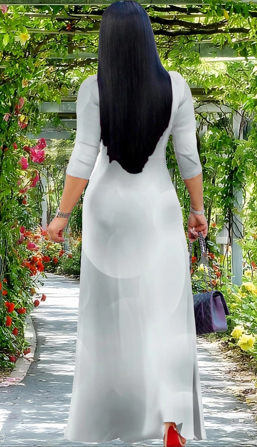 Sexy V Neck Print Maxi Dress for Women Casual Loose 3/4 Sleeves Outfits with Belt