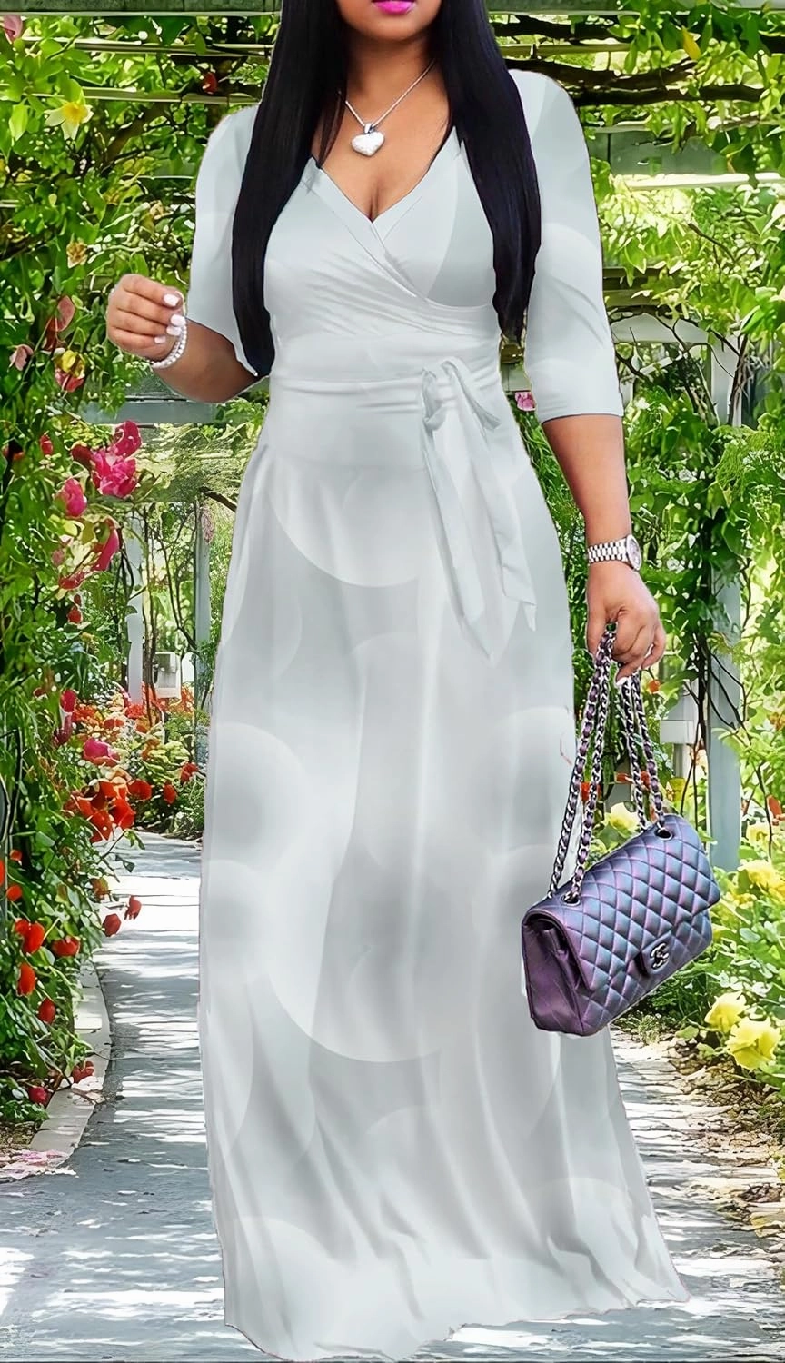 Sexy V Neck Print Maxi Dress for Women Casual Loose 3/4 Sleeves Outfits with Belt