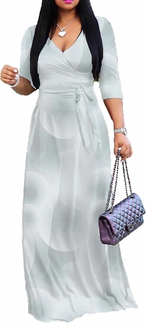 Sexy V Neck Print Maxi Dress for Women Casual Loose 3/4 Sleeves Outfits with Belt