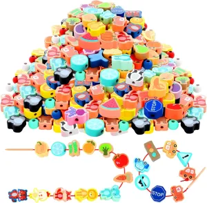 Shappy 65 Pcs Wooden Lacing Beads Early Educational Toys for Toddlers Stringing Farm Animals Fruits Vegetable Lacing Beads Threading Beads Preschool Learning Toys for Education Activities