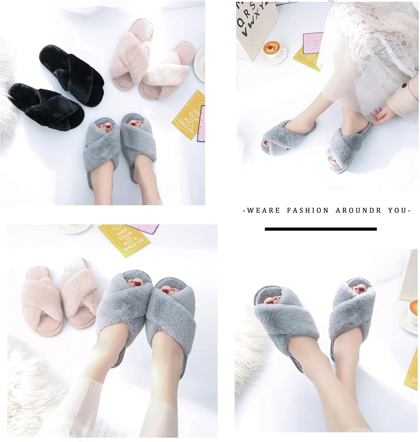 sharllen Women's Fuzzy Cross Band Slippers Open Toe Cozy Plush Furry Ladies Slippers Comfy Memory Foam Slides Slippers with Arch Support Fluffy House Slippers Home Bedroom Indoor Outdoor