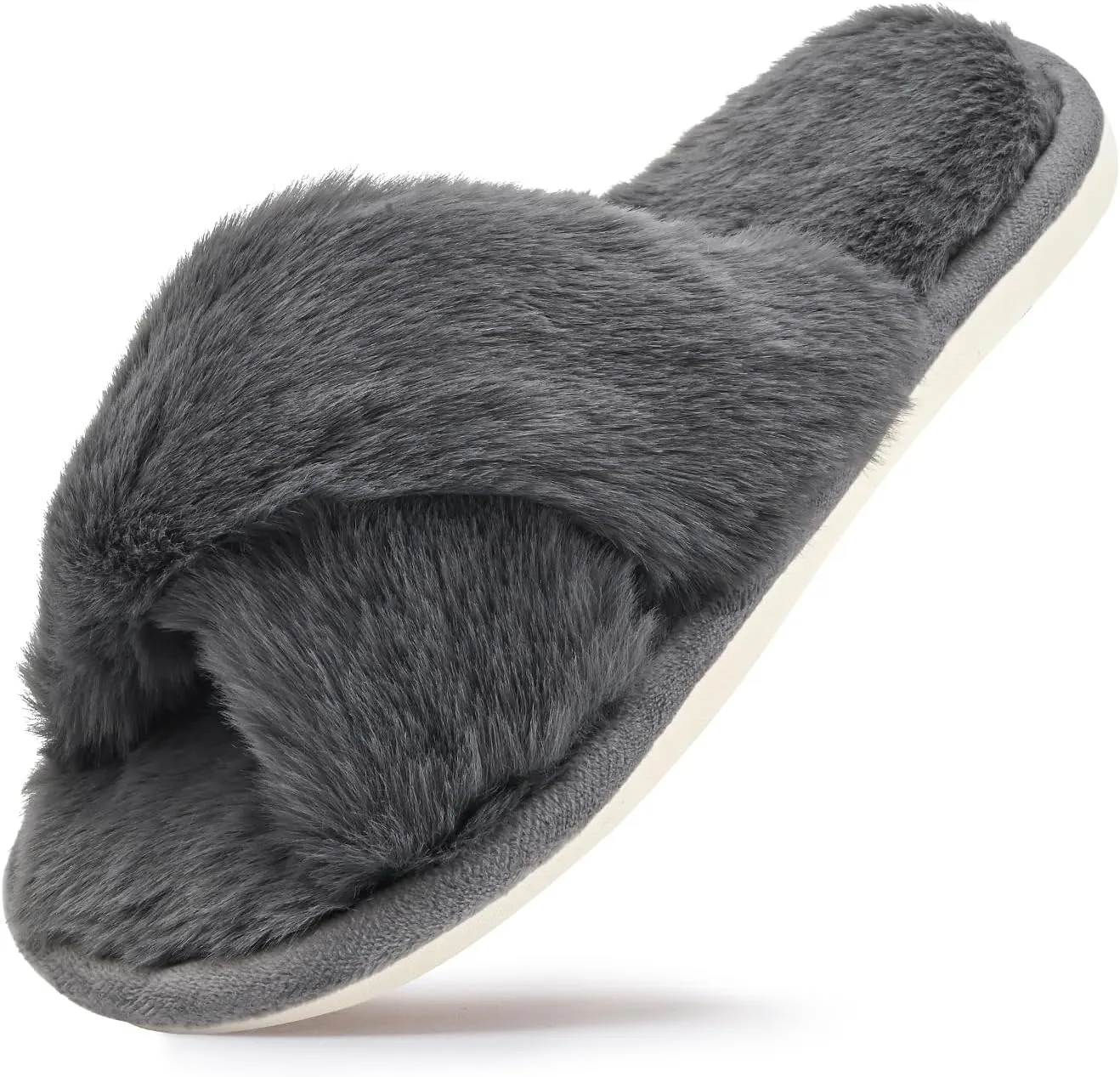 sharllen Women's Fuzzy Cross Band Slippers Open Toe Cozy Plush Furry Ladies Slippers Comfy Memory Foam Slides Slippers with Arch Support Fluffy House Slippers Home Bedroom Indoor Outdoor