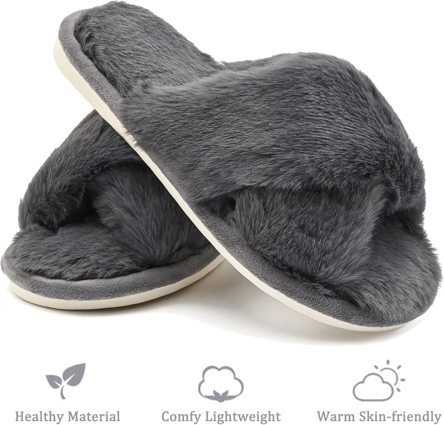 sharllen Women's Fuzzy Cross Band Slippers Open Toe Cozy Plush Furry Ladies Slippers Comfy Memory Foam Slides Slippers with Arch Support Fluffy House Slippers Home Bedroom Indoor Outdoor