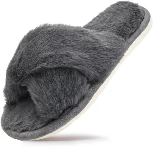 sharllen Women's Fuzzy Cross Band Slippers Open Toe Cozy Plush Furry Ladies Slippers Comfy Memory Foam Slides Slippers with Arch Support Fluffy House Slippers Home Bedroom Indoor Outdoor