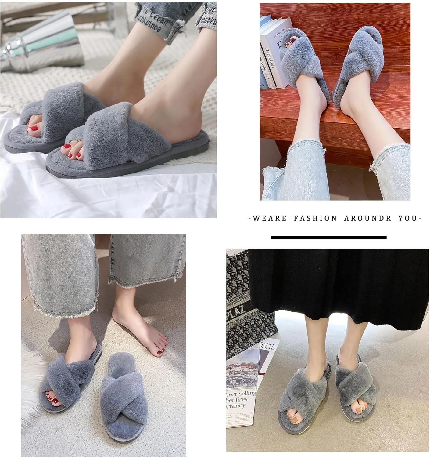 sharllen Women's Fuzzy Cross Band Slippers Open Toe Cozy Plush Furry Ladies Slippers Comfy Memory Foam Slides Slippers with Arch Support Fluffy House Slippers Home Bedroom Indoor Outdoor