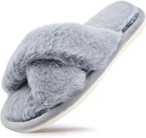 sharllen Women's Fuzzy Cross Band Slippers Open Toe Cozy Plush Furry Ladies Slippers Comfy Memory Foam Slides Slippers with Arch Support Fluffy House Slippers Home Bedroom Indoor Outdoor