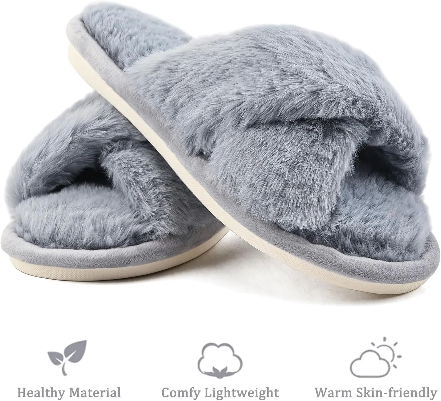 sharllen Women's Fuzzy Cross Band Slippers Open Toe Cozy Plush Furry Ladies Slippers Comfy Memory Foam Slides Slippers with Arch Support Fluffy House Slippers Home Bedroom Indoor Outdoor