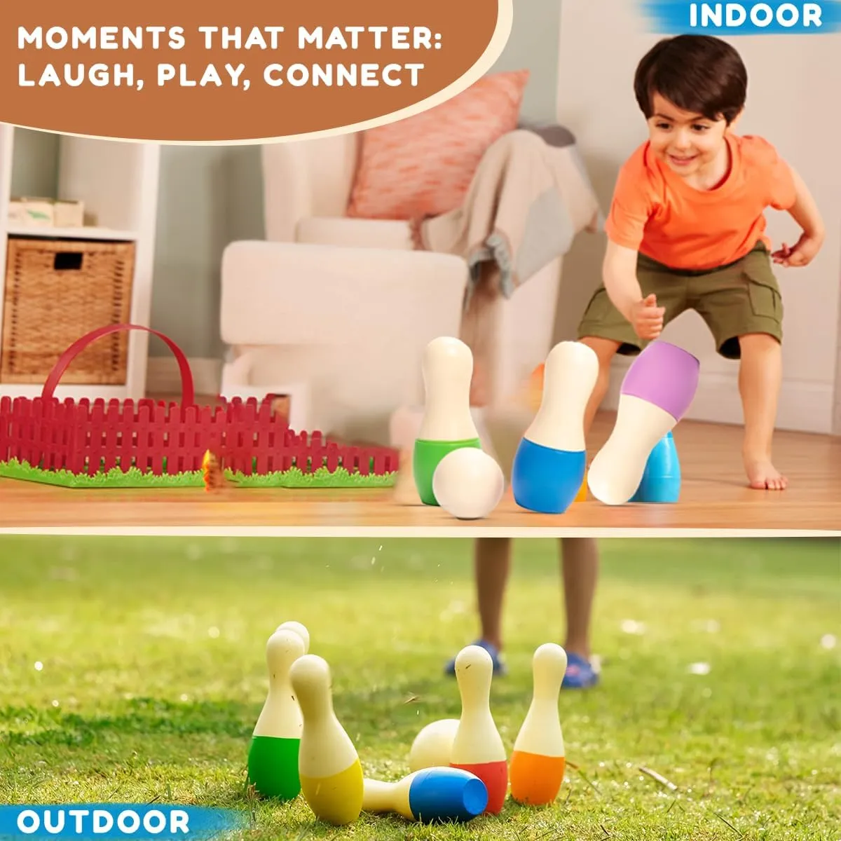Shumee Montessori Wooden Kids Bowling Set 3  Years, Eco-Friendly Toddler Bowling Sets with 6 Pins & Ball, Indoor/Outdoor Bowling Set for Kids, Muscle & Brain Development, 100% Child-Safe Toy