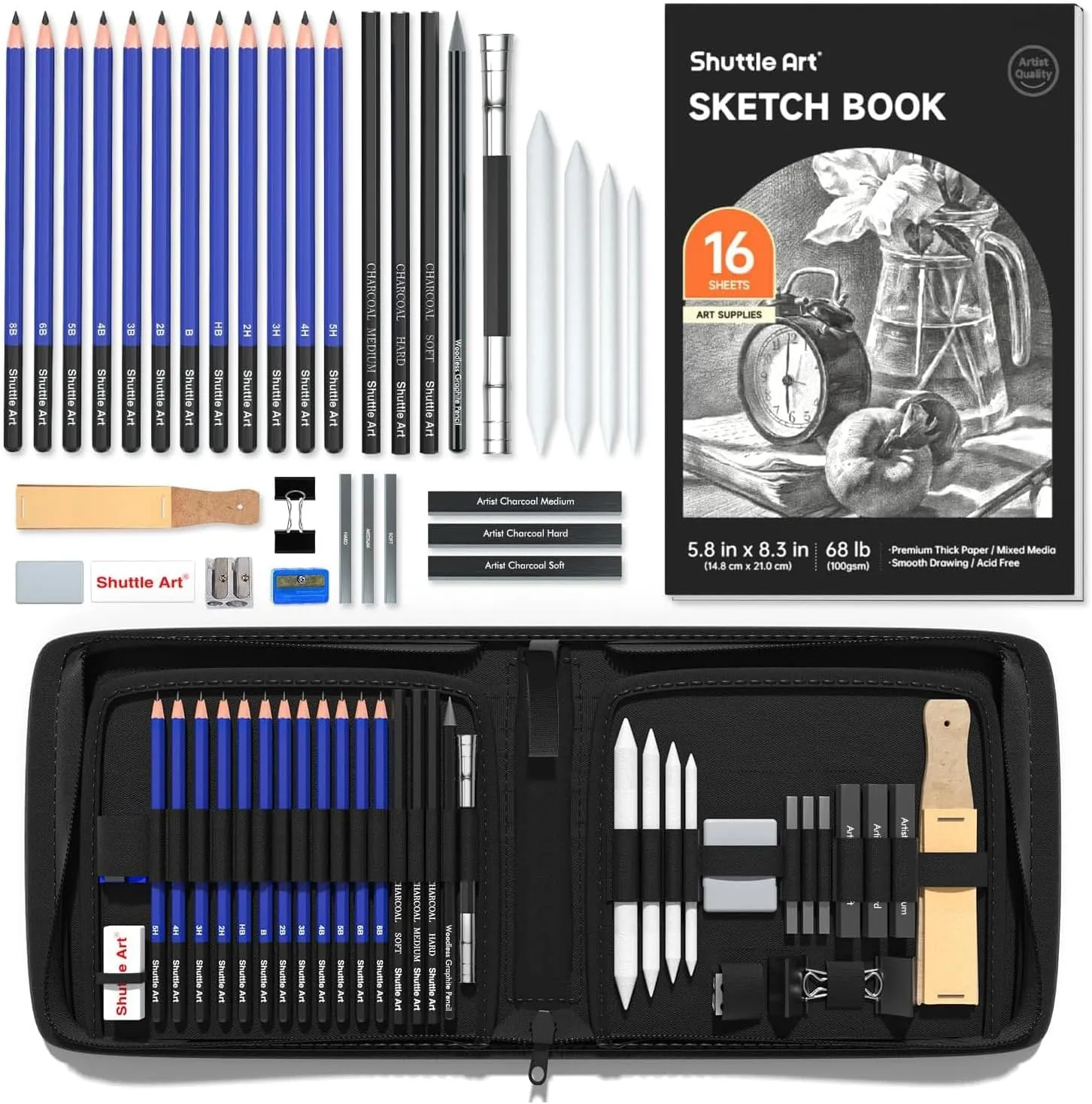 Shuttle Art Sketching and Drawing Pencils Set, 37-Piece Professional Sketch Pencils Set in Zipper Carry Case, Drawing Kit Art Supplies with Graphite Charcoal Sticks Tool Sketch Book for Adults Kids