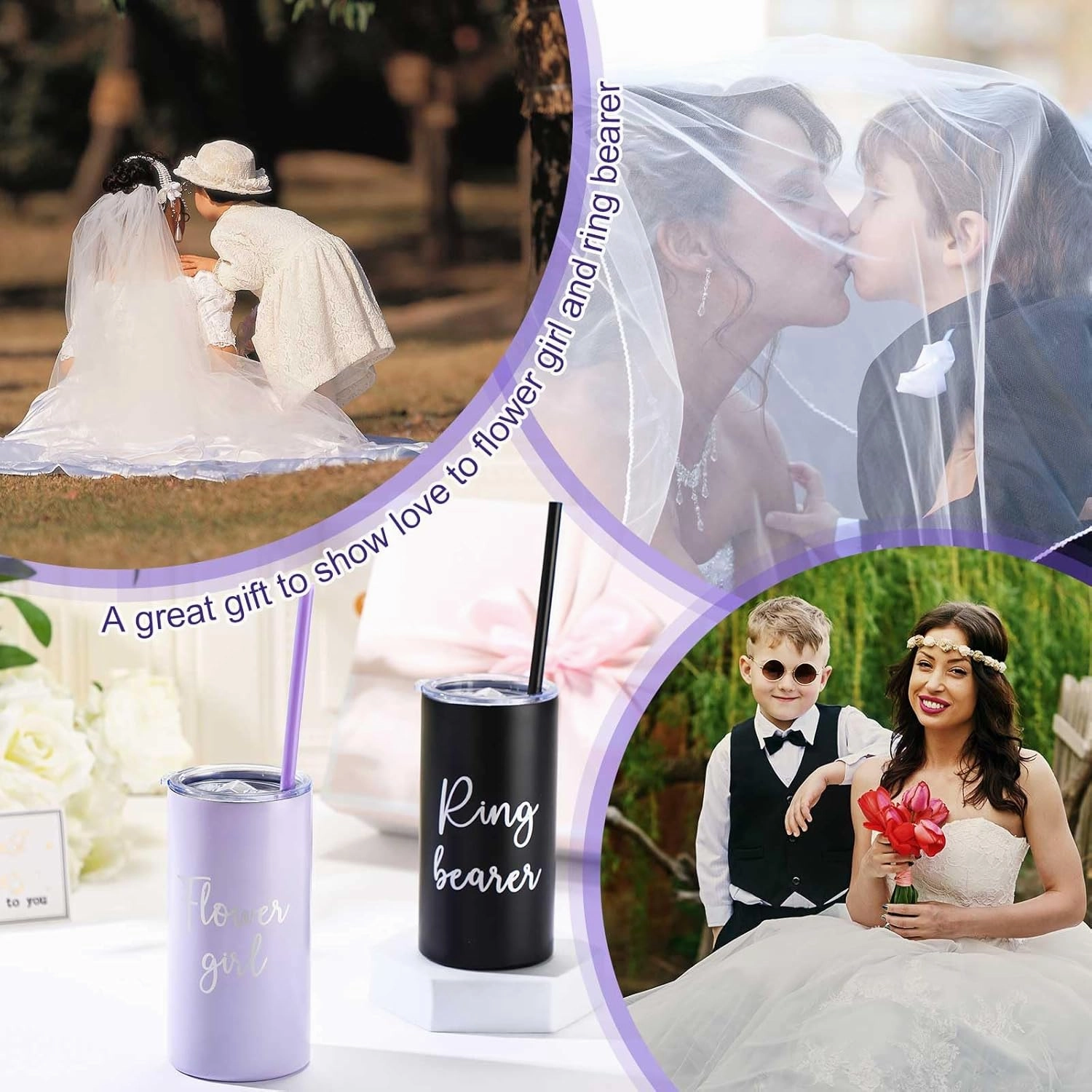 Sieral 2 Pcs 16 oz Flower Ring Bearer Tumbler Cup Stainless Steel Cup with Straw Water Bottle Gift Idea for Wedding Party(Black, Purple)