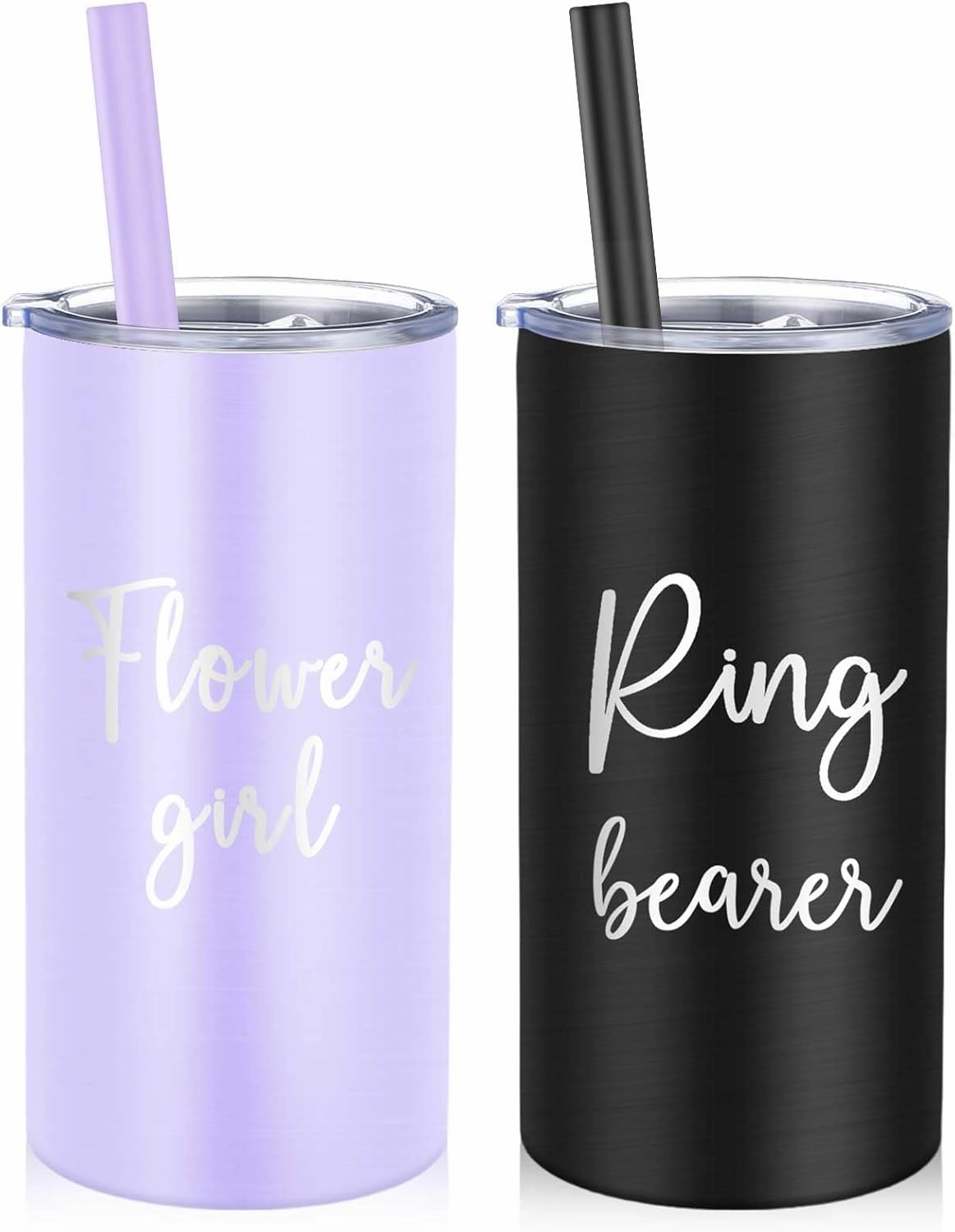 Sieral 2 Pcs 16 oz Flower Ring Bearer Tumbler Cup Stainless Steel Cup with Straw Water Bottle Gift Idea for Wedding Party(Black, Purple)