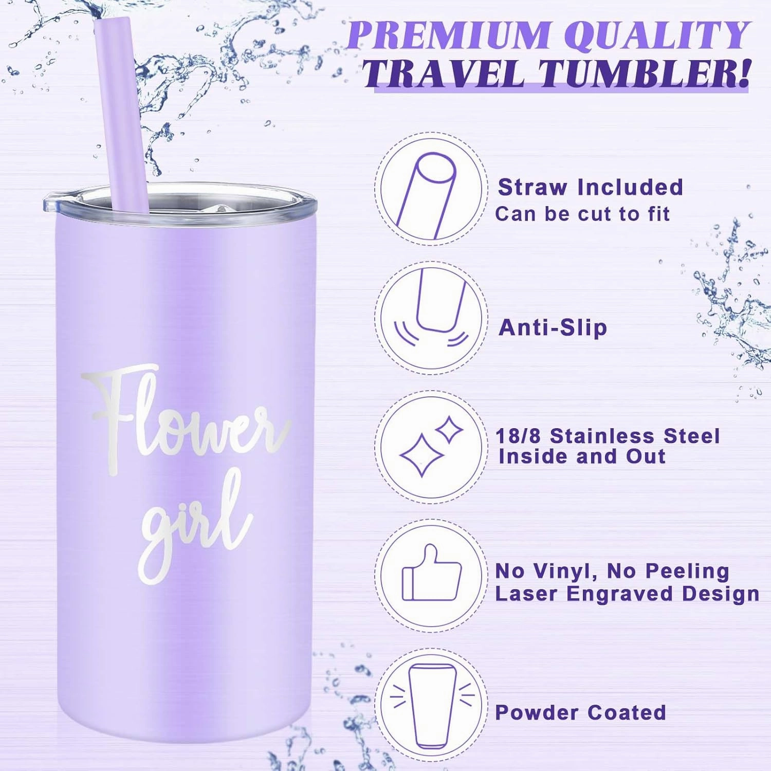 Sieral 2 Pcs 16 oz Flower Ring Bearer Tumbler Cup Stainless Steel Cup with Straw Water Bottle Gift Idea for Wedding Party(Black, Purple)