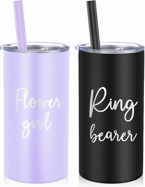 Sieral 2 Pcs 16 oz Flower Ring Bearer Tumbler Cup Stainless Steel Cup with Straw Water Bottle Gift Idea for Wedding Party(Black, Purple)