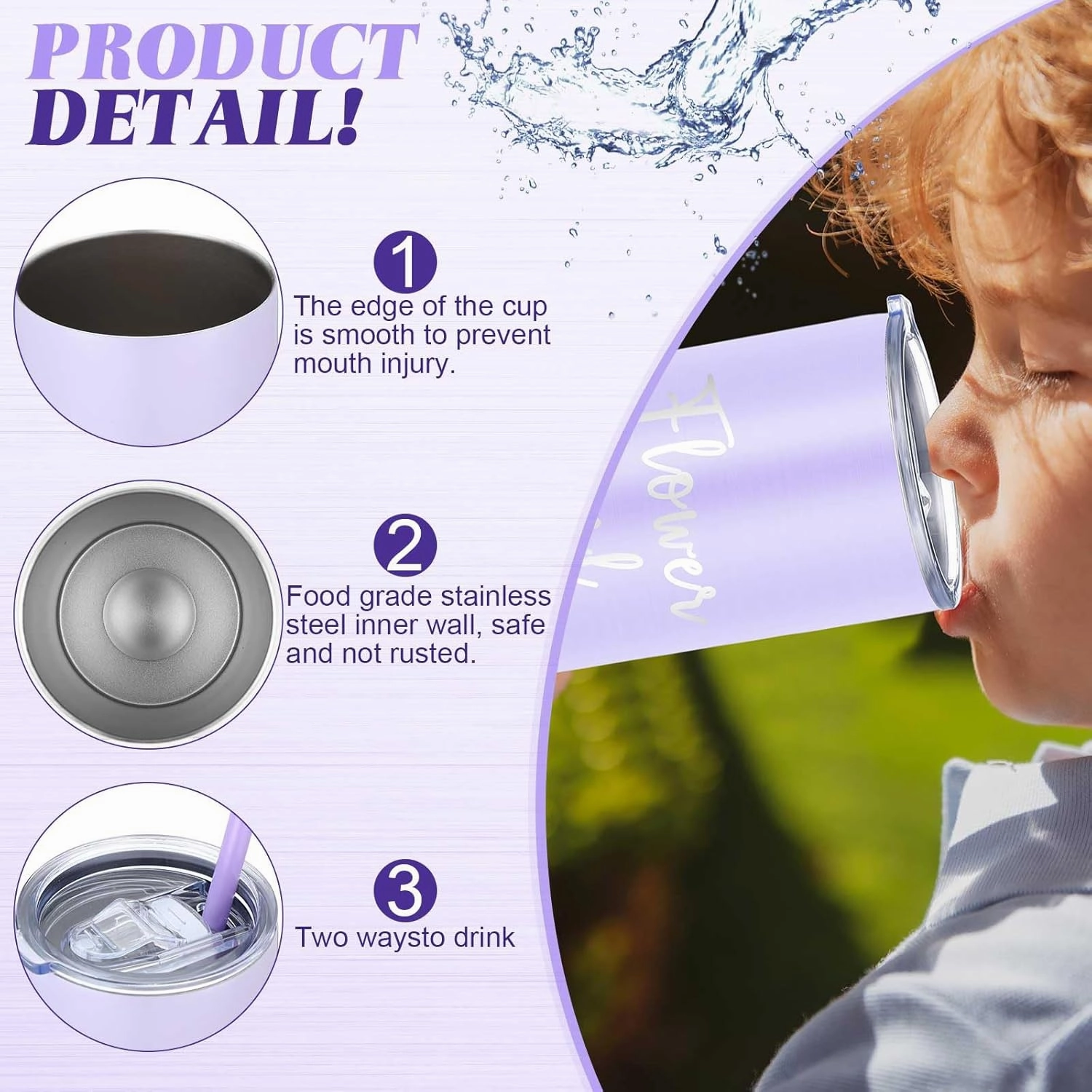 Sieral 2 Pcs 16 oz Flower Ring Bearer Tumbler Cup Stainless Steel Cup with Straw Water Bottle Gift Idea for Wedding Party(Black, Purple)
