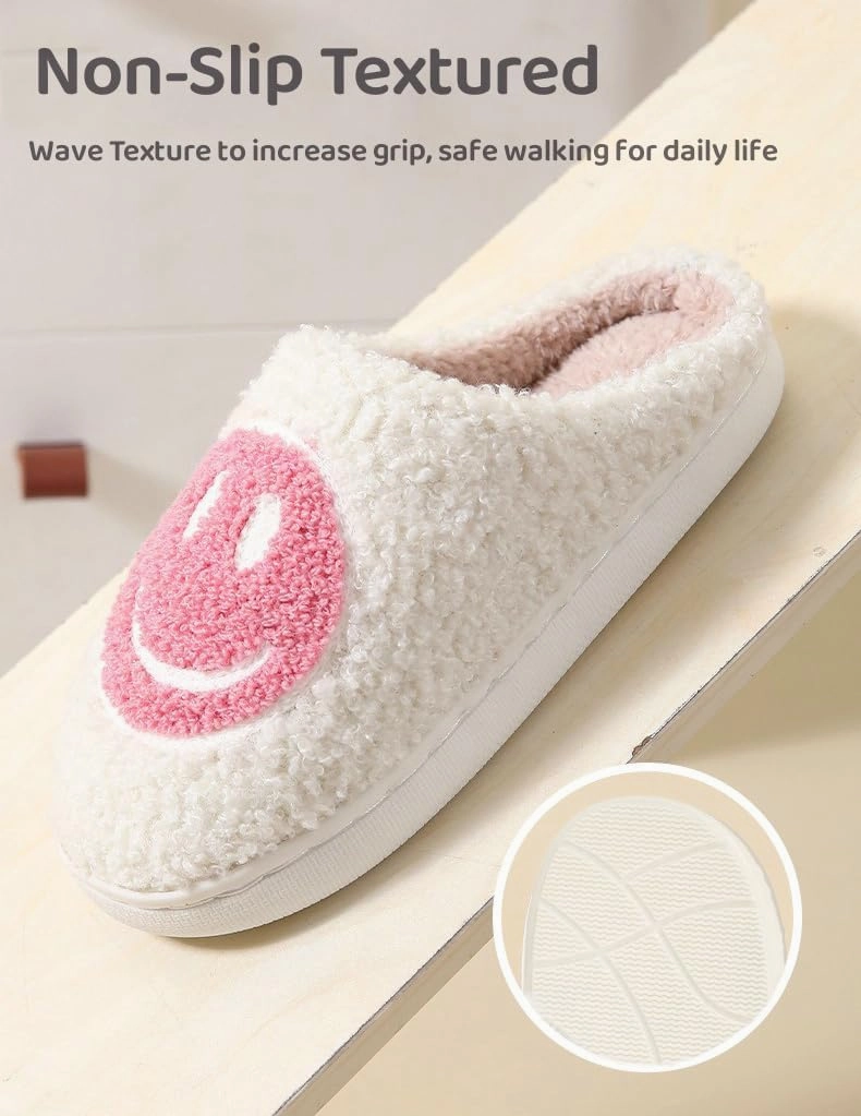 Sierlos Cute Kids' Plush Preppy Slippers - Happy Face Soft Memory Foam Fuzzy Slip-Ons for Indoor/Outdoor Use