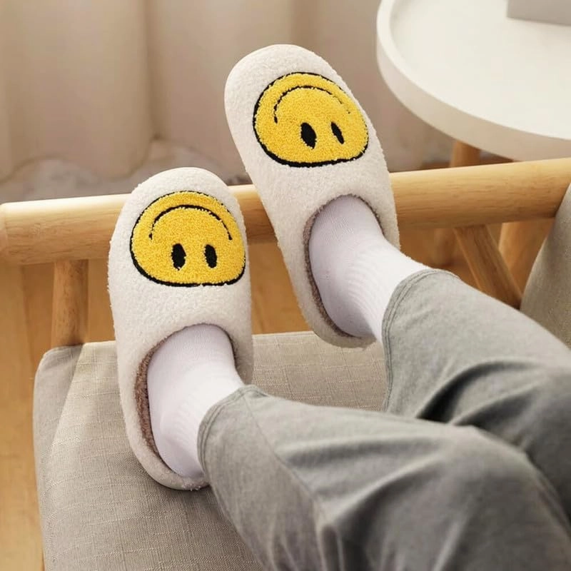 Sierlos Cute Kids' Plush Preppy Slippers - Happy Face Soft Memory Foam Fuzzy Slip-Ons for Indoor/Outdoor Use