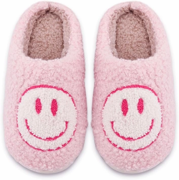 Sierlos Cute Kids' Plush Preppy Slippers - Happy Face Soft Memory Foam Fuzzy Slip-Ons for Indoor/Outdoor Use