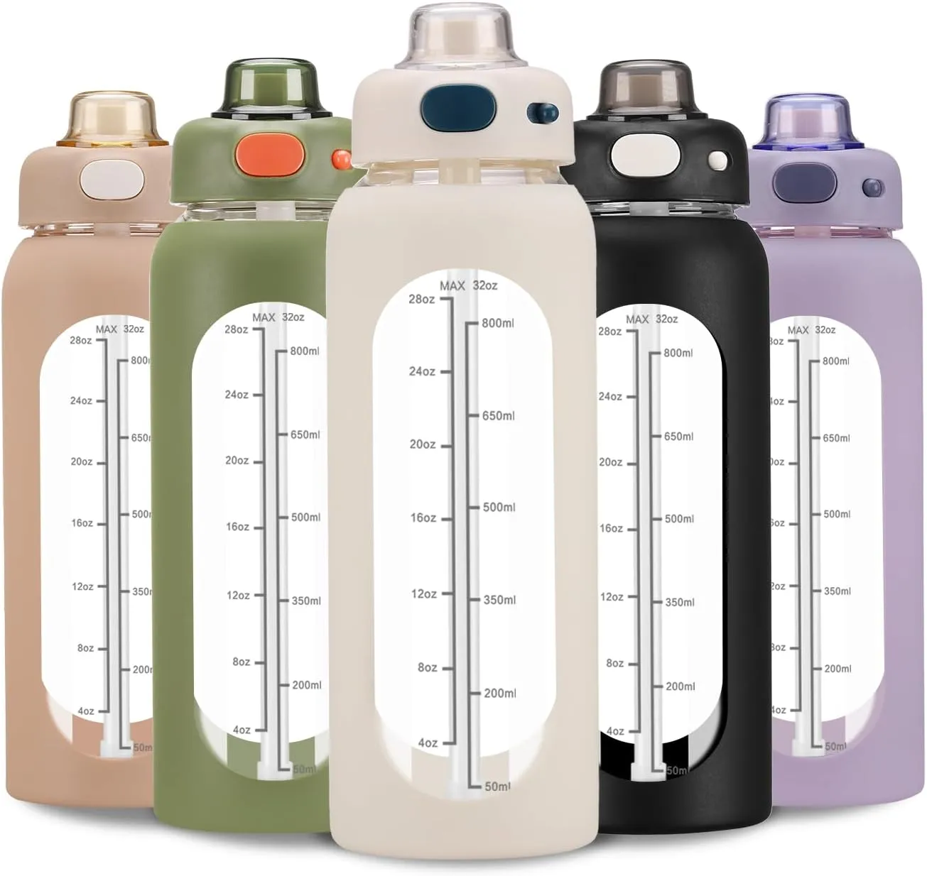 SIEROZUR 32 oz Glass Water Bottle with Straw and Handle, Large Sports Motivational Bottle with Time Marker, Leakproof, BPA Free, Dishwasher Safe