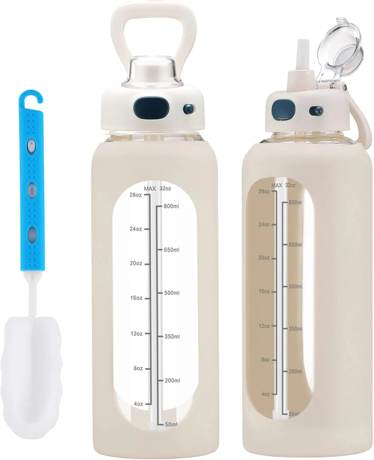 SIEROZUR 32 oz Glass Water Bottle with Straw and Handle, Large Sports Motivational Bottle with Time Marker, Leakproof, BPA Free, Dishwasher Safe