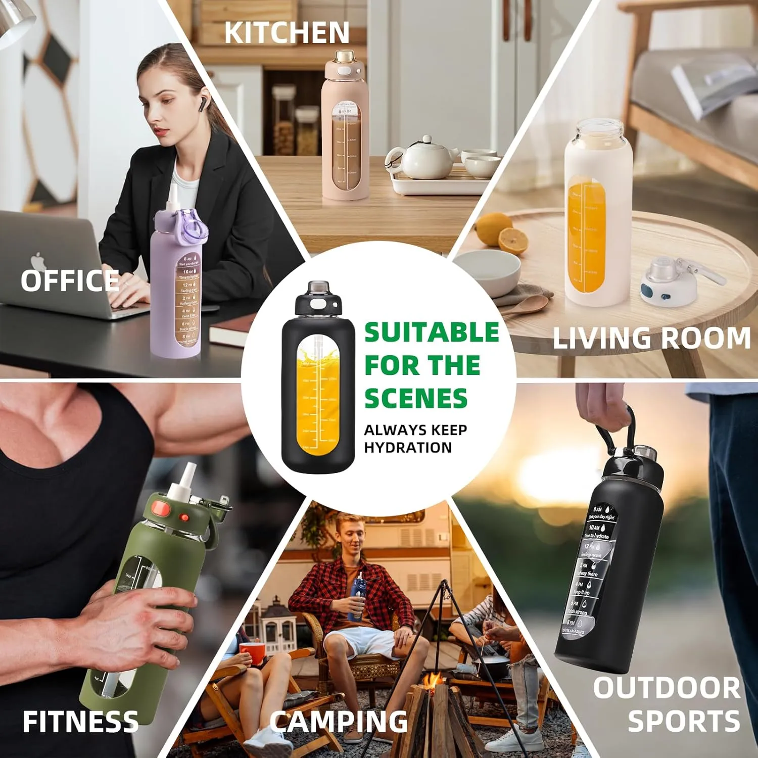 SIEROZUR 32 oz Glass Water Bottle with Straw and Handle, Large Sports Motivational Bottle with Time Marker, Leakproof, BPA Free, Dishwasher Safe