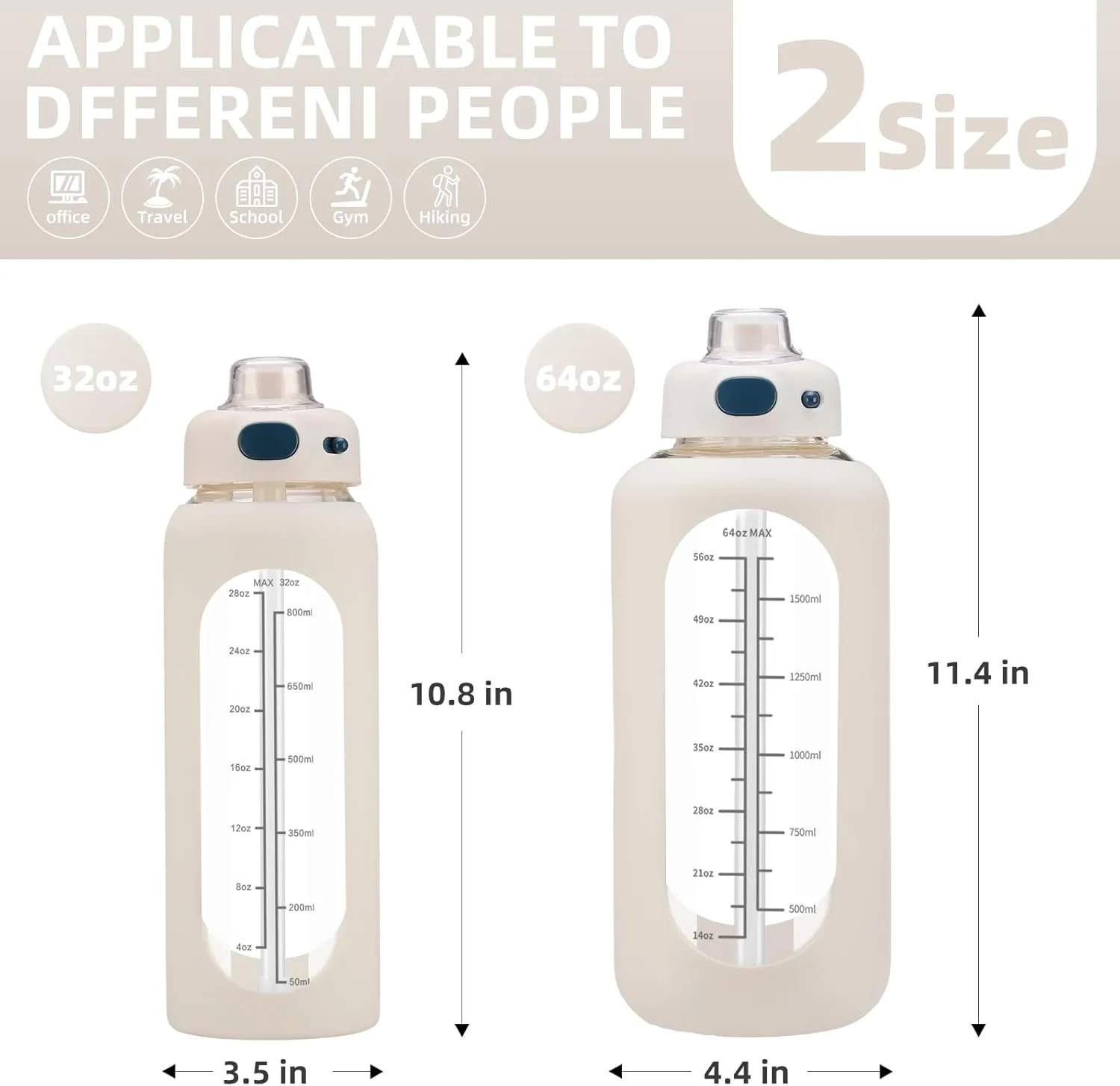 SIEROZUR 32 oz Glass Water Bottle with Straw and Handle, Large Sports Motivational Bottle with Time Marker, Leakproof, BPA Free, Dishwasher Safe