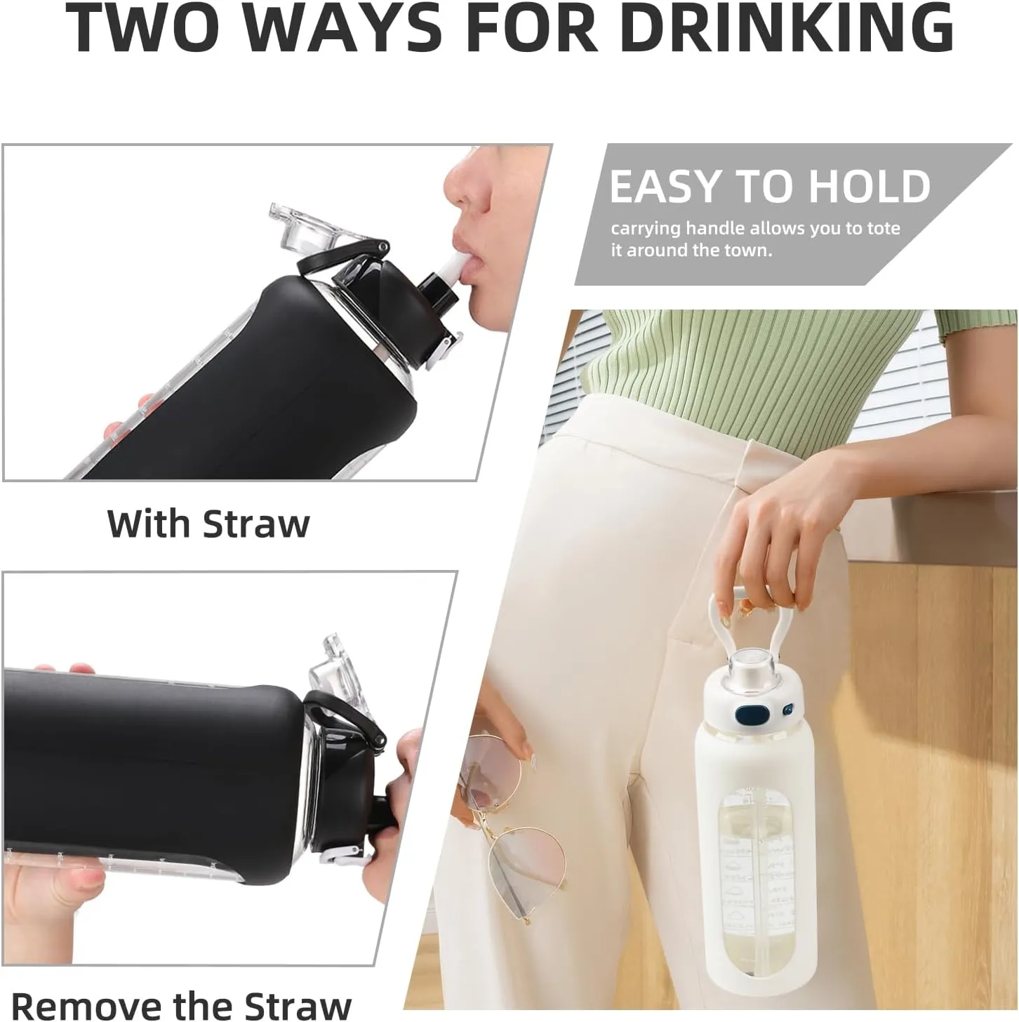 SIEROZUR 32 oz Glass Water Bottle with Straw and Handle, Large Sports Motivational Bottle with Time Marker, Leakproof, BPA Free, Dishwasher Safe