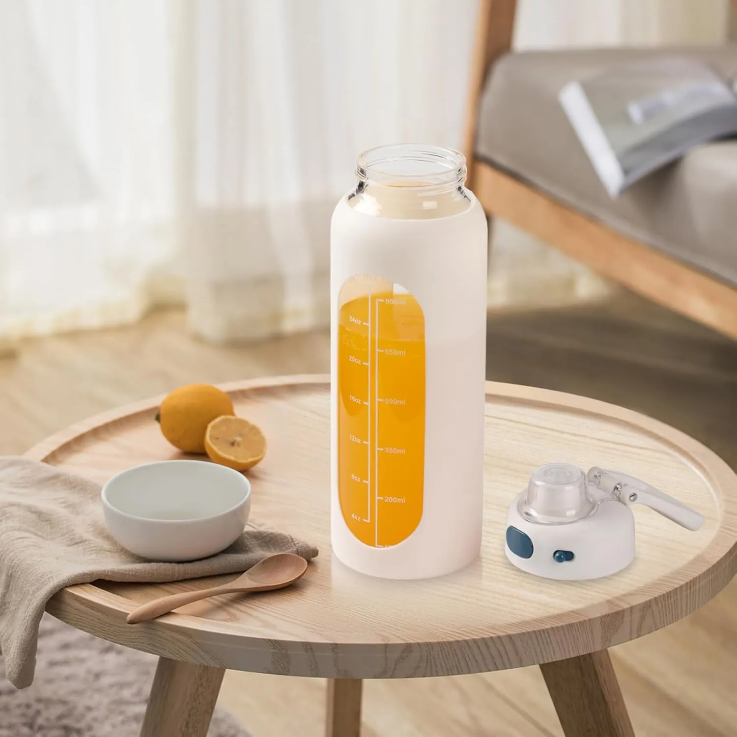 SIEROZUR 32 oz Glass Water Bottle with Straw and Handle, Large Sports Motivational Bottle with Time Marker, Leakproof, BPA Free, Dishwasher Safe