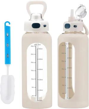 SIEROZUR 32 oz Glass Water Bottle with Straw and Handle, Large Sports Motivational Bottle with Time Marker, Leakproof, BPA Free, Dishwasher Safe