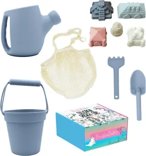 Silicone Beach Toys - Beach Bucket Set with Shovel, 4 Sand Molds - Travel-Friendly Kids Sand Toys in Net Carrying Bag - Safe Baby Sand Toys - Dishwasher-Safe (Ocean Blue)