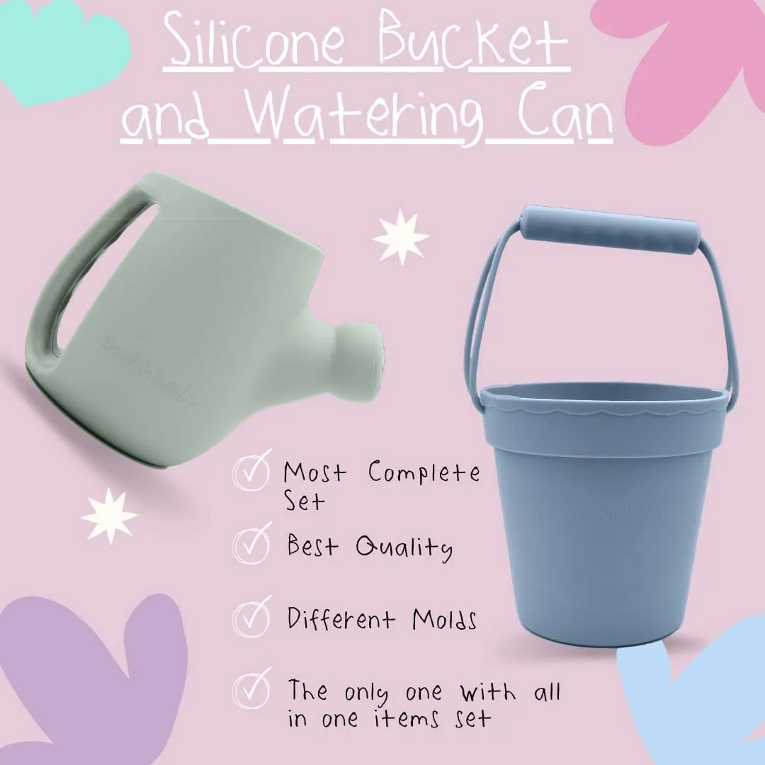 Silicone Beach Toys - Beach Bucket Set with Shovel, 4 Sand Molds - Travel-Friendly Kids Sand Toys in Net Carrying Bag - Safe Baby Sand Toys - Dishwasher-Safe (Ocean Blue)