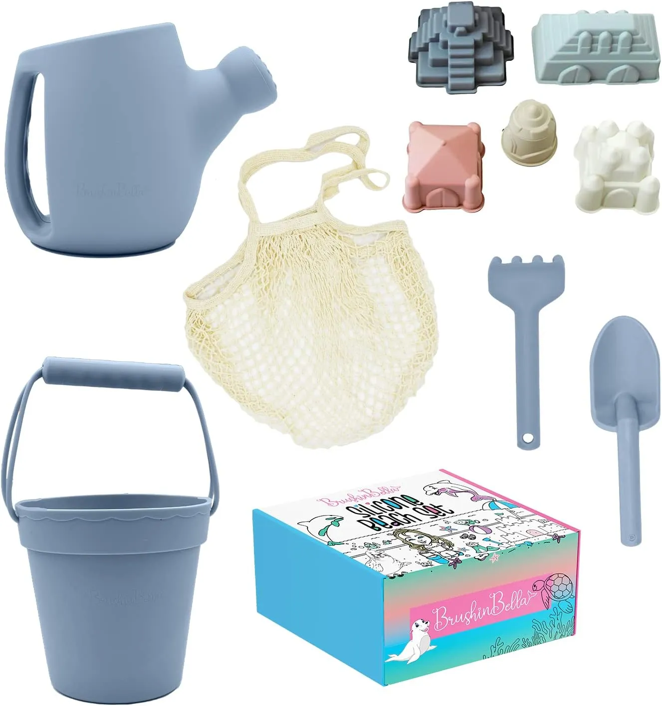 Silicone Beach Toys - Beach Bucket Set with Shovel, 4 Sand Molds - Travel-Friendly Kids Sand Toys in Net Carrying Bag - Safe Baby Sand Toys - Dishwasher-Safe (Ocean Blue)