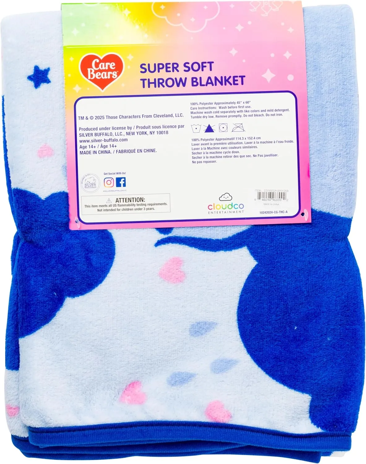 Silver Buffalo Care Bears Grumpy Bear 45" x 60" Fleece Throw, Soft and Cozy Blanket, 185 GSM