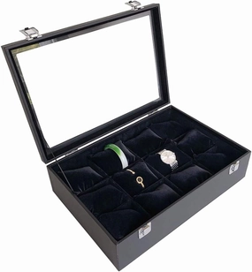 Simple transparent glass watch storage box with lid High-end jewelry storage box 12 tables Removable table pillow (black)
