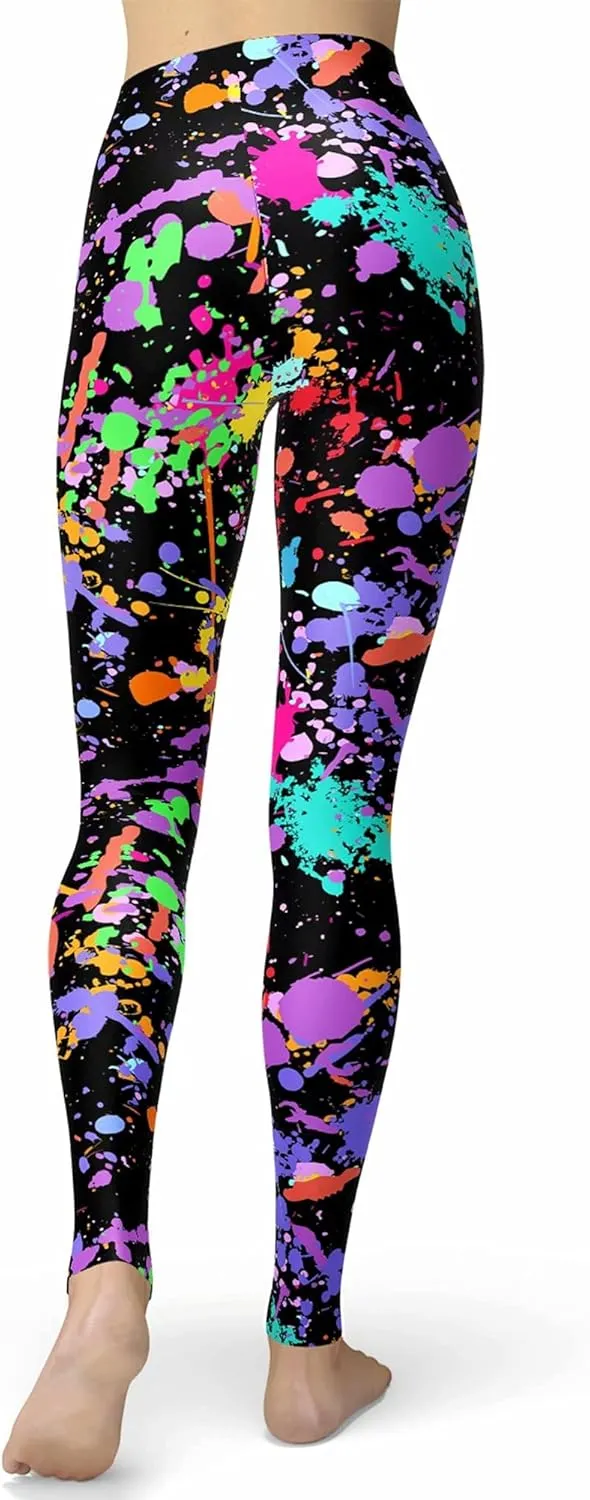 sissycos Women's 80s Leggings Neon Artistic Splash Printed Buttery Soft Stretchy Pants